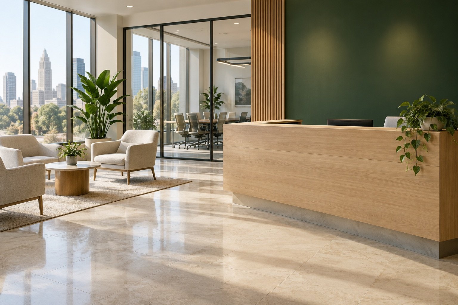 Illustrative sunlit office lobby with a reception desk and glass meeting room
